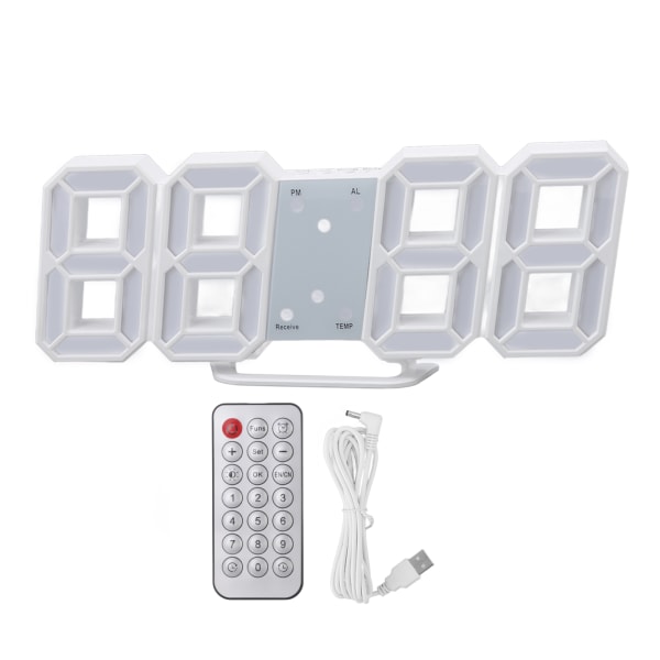3D LED digital klokke Tid Temperaturvisning Nattlys Alarmfunksjon Hvit 3D digital klokke for hjemmefjernkontrollversjon