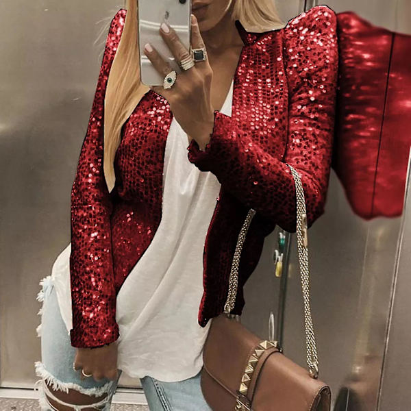 Trendy Vinrød Sequin Kort Jakke til Kvinder - Perfekt til Fester og Natklubber