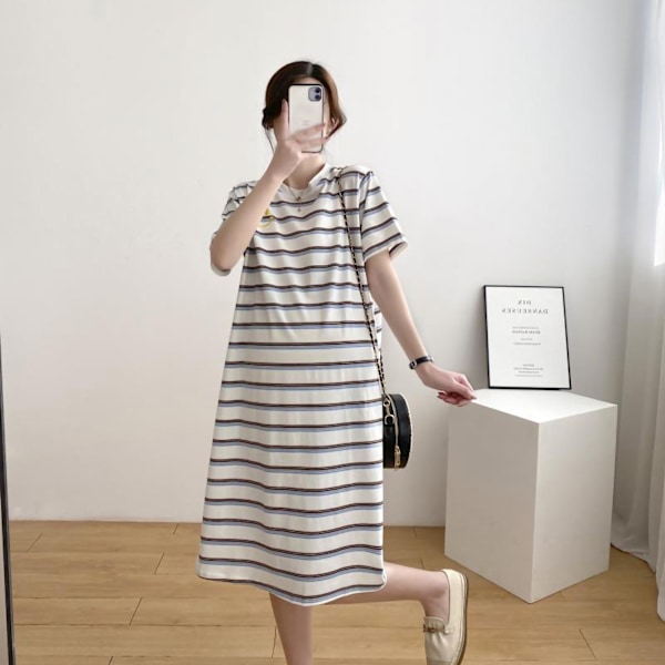 T-shirt kjole casual medium længde moderigtig gravid kjole kort ærme løs pasform enkel stribet print blå hvid XXL