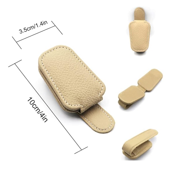 Solbrilleholder i koeskindslæder med øjenklip (beige) til bilens solskærm - Magnetisk klips til solbriller