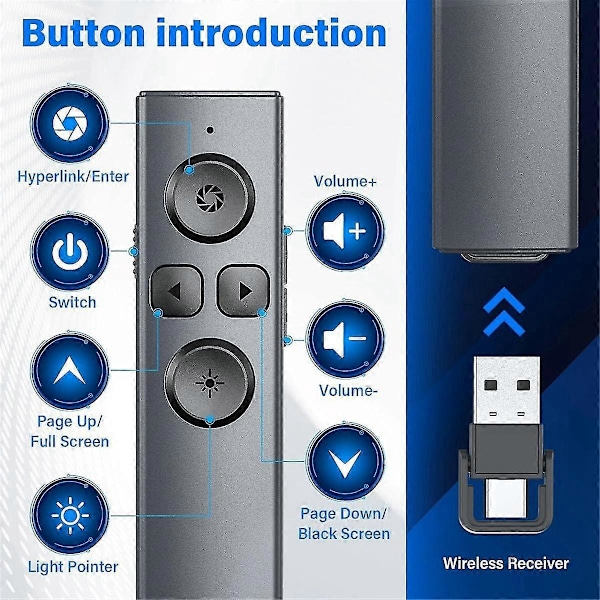 2-i-1 USB Type C Presentasjonspeker, Oppladbar Trådløs Presentasjonsfjernkontroll, Klikker kompatibel med PowerPoint-presentasjoner