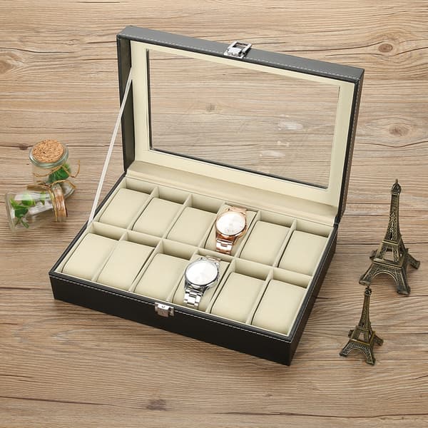 12 Rum PU Læder Ur Display Etui Opbevaringsboks Organizer Ur Smykker Display Boks