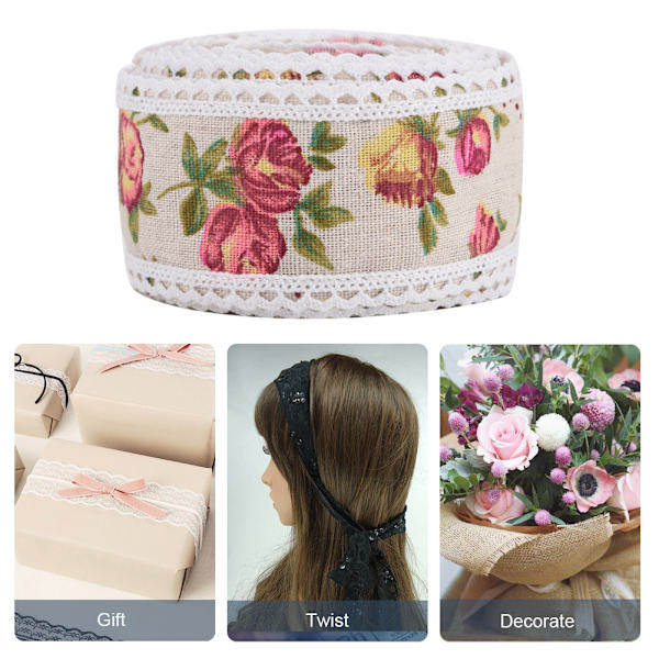 Gör-det-själv Printed Blomma Säckväv Band Hessian Jute Bältesrem Bröllopstygdekoration 5m