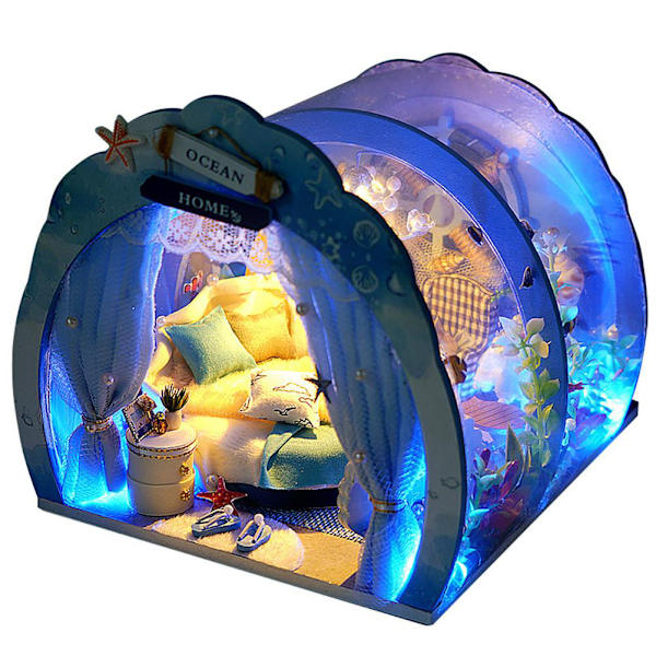 LED DIY Mini Ocean Tunnel Dockhus Kit Miniatyr med Möbler Trä Dockhus Present till Barn Vänner