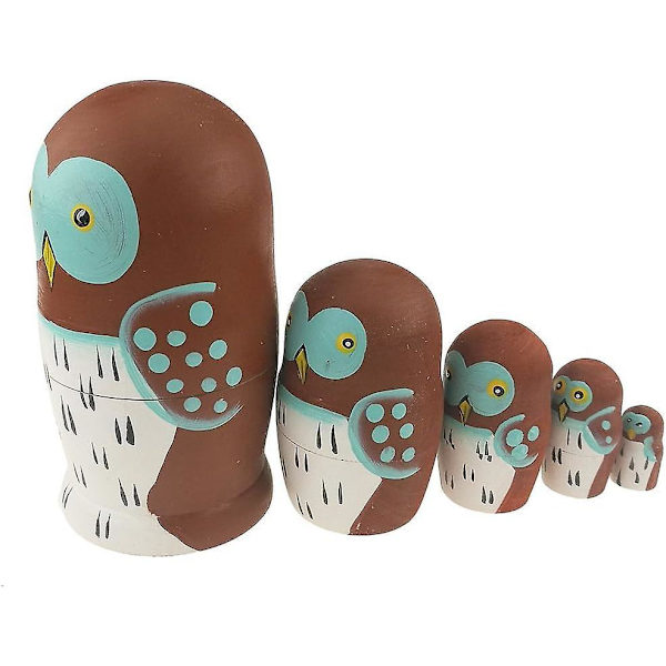 Bedårande Cartoon Wise Owl Nesting Dolls - Set med 5 | Handgjord staplingsleksak i trä | Barnleksakspresenter och ugglaprydnader