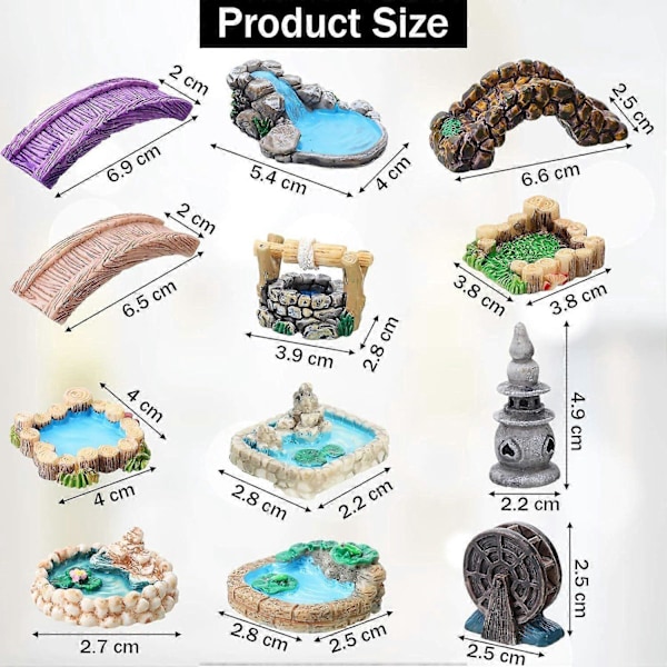 12 Stk. Eventyrhave Tilbehør Miniature Havebro Figurer Mini Fyr Vand