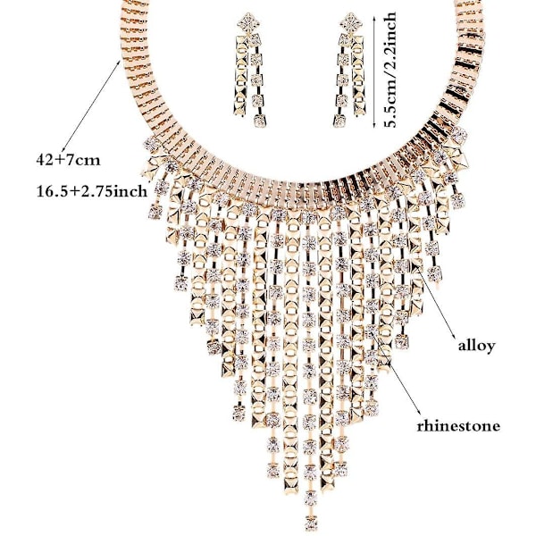 Rhinestone-koristeinen Statement-kaulaketju ja korvakorut - Tassel-riipus, Choker-kaulaketju, Etninen paksu kaulaketju naisille ja tytöille - Kulta