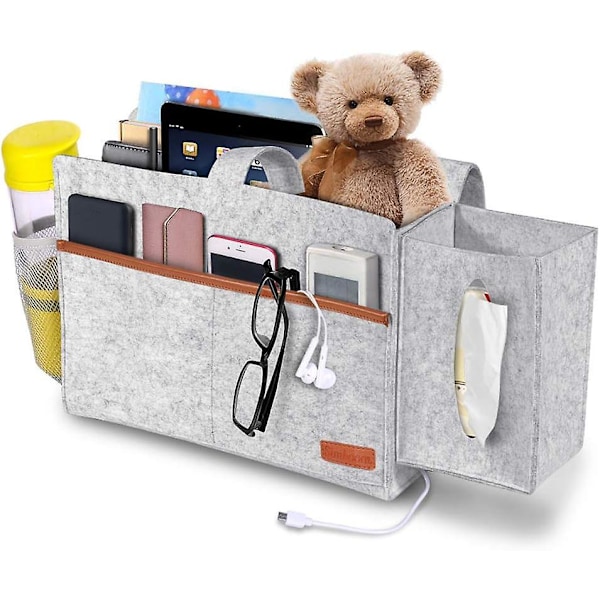 Gray Bedside Storage Bag with Remote Control, Tissue Box, Tablet Holder, Charging Cable, Magazine, Glasses, and Pen