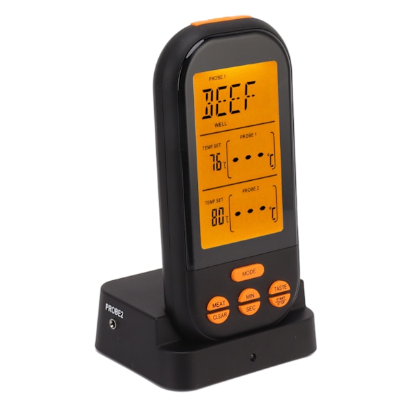 EN2010 1 Trådlös Dubbelprob Termometer Kök Kött Termometer Digital Grill Termometer Svart med Orange Bakgrundsbelysning