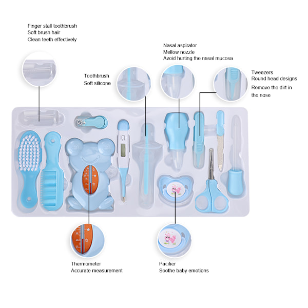 Baby Negleklipper Neglefil Pinset Termometer Børste Kam Spædbarnspleje Værktøjssæt Blå