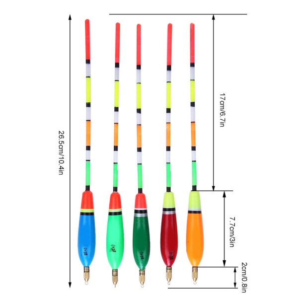 5PCS Flerfarget Balsa Tre Flyte Bobber Bite Indikator Fiskeutstyr (6+2g )