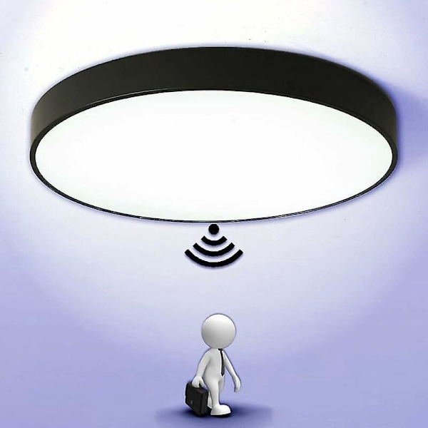 LED taklampe med bevegelsessensor for balkong, garasje, inngangsparti, gang, enkel installasjon, taklampe 6000K kaldhvit, rund Ø30CM svart