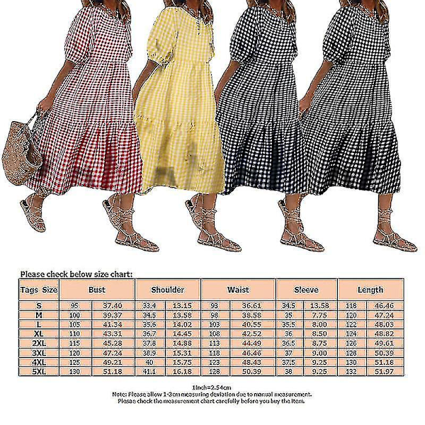 Svart rutete puffy midi-kjole med korte ermer for kvinner, 4XL
