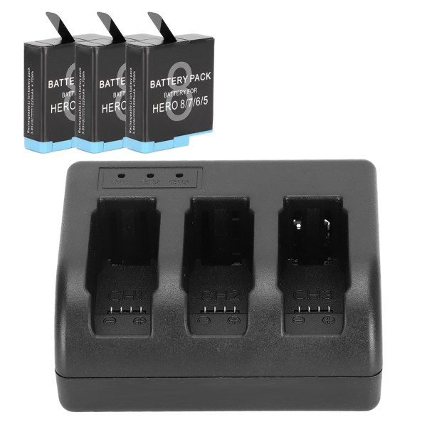 AHDBT-801 sort genopladeligt batteri med 3-kanals oplader til GoPro Hero 8/7/6/5