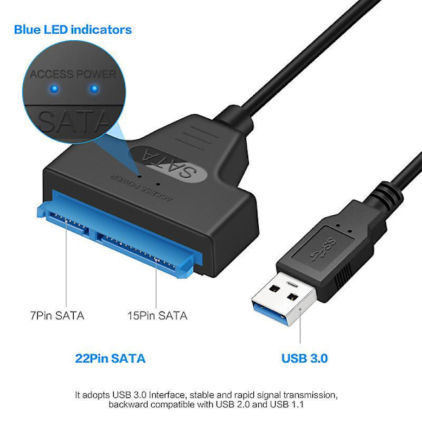 SATA 3 -kaapeli Sata–USB-sovitin 6 Gbps 2,5 tuuman ulkoiselle SSD HDD -kiintolevylle 22-nastainen Sata III -kaapeli USB 3.0 -porttiyhteys
