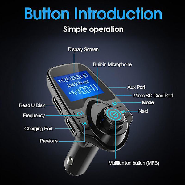 Langaton Bluetooth FM-lähetin auton paketti 1,44 tuuman näytöllä - Tukee TF/SD-korttia, USB-auton laturia - kaikille älypuhelimille