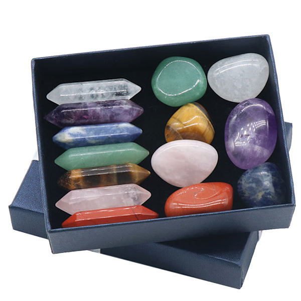 14 st Premium Crystals Kit 7 Chakra Set Hexagonal Kolumn Oregelbunden Yogasten Andlig massagesten Labradorite