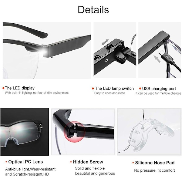 LED-lukulaseilla 2 USB-LEDillä 8X suurennos Sinisen valon suodatin Tarkkuustyöhön, ompeluun, korjauksiin ja käsitöihin