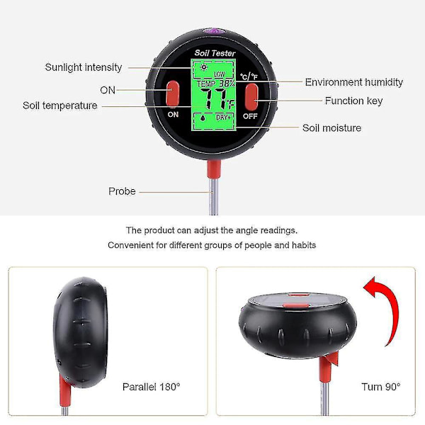 Digitaalinen 5-in-1 maaperän pH-mittari kosteus-, lämpötila-, auringonvalo- ja kosteustasoilla - suuri taustavalaistu LCD-näyttö