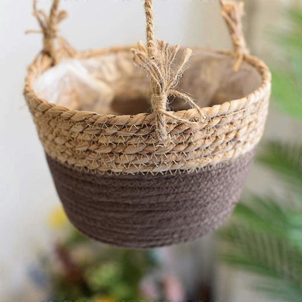 20 cm Hängande Halmkruka med Jute Rep - Väggkorg i Flätverk för Suckulenter, Örter och Småväxter