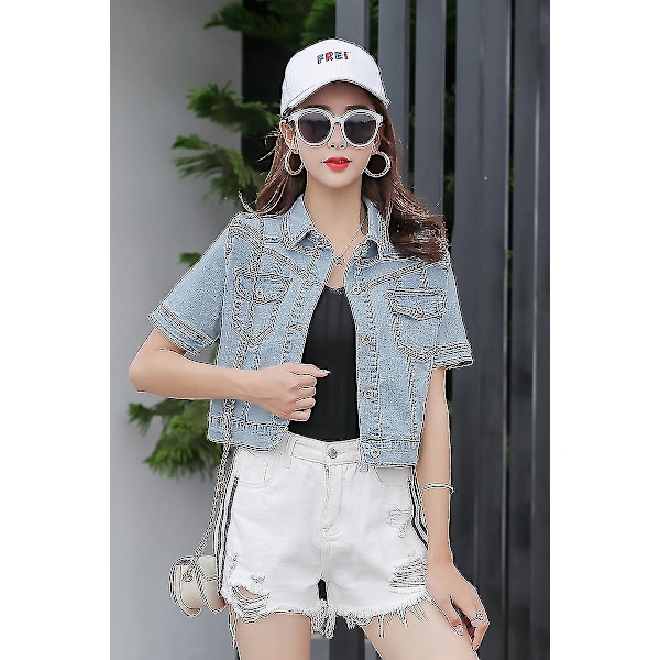 Sommer Koreansk Mote Kort Ermet Denim Jakke for Kvinner XL L Lyseblå