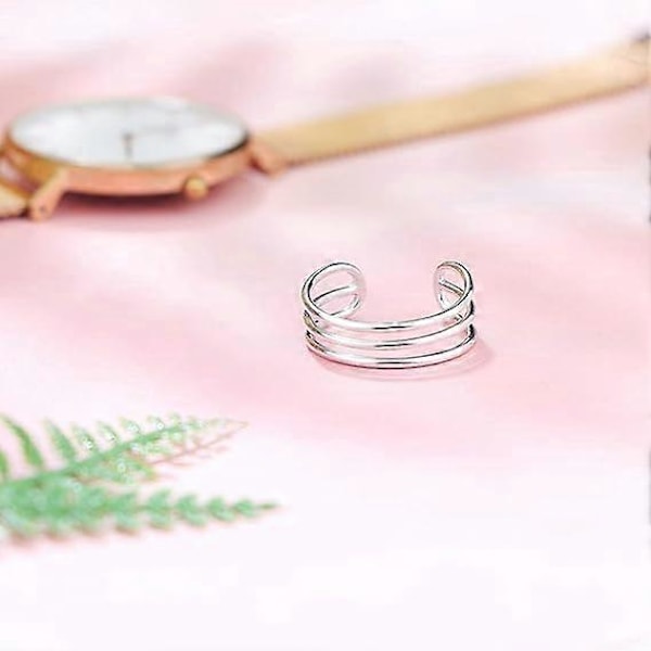 925 Sterling Sølv Horisontal Dobbel Trippel Linjer Åpne Ringer Minimalistisk Enkelt Bånd for Kvinner Justerbar Åpen Tåring Knokeringer