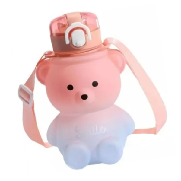 Kawaii björn vattenflaska bärbar söt barn vattenflaska med sugrör studsmatta lock axelrem gradvis rosa blå 800ml
