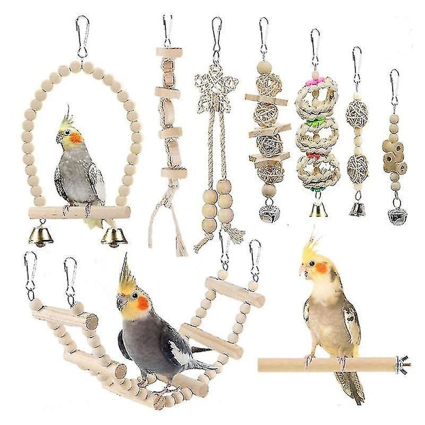 Bird Cage Toy Set - 9 Pack for Parrots - Hanging Bell, Swing, Chewing Toys