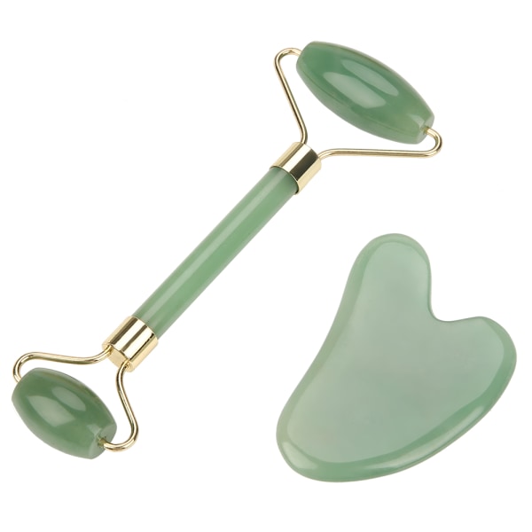 Luonnollinen Double Head Green Aventurine Jade Stone Roller & scrapping Plate Face Hierontatyökalusarja