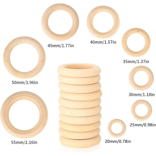 Puusta valmistetut hyppyrenkaat - 80 luonnollisen värisen renkaan setti DIY-korujen valmistukseen (2-5,5 cm)