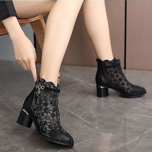 Mesh Hollow Chunky Heel Ankle Boots Kvinners Mote Sandaler40 SVART