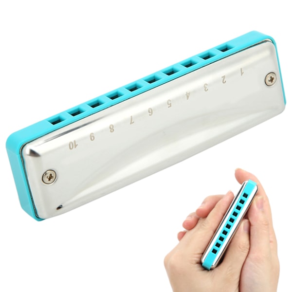 Blues Harmonica 10-hulls munnspill C-nøkkel rustfritt stål deksel liten søt bærbar gave (blå)