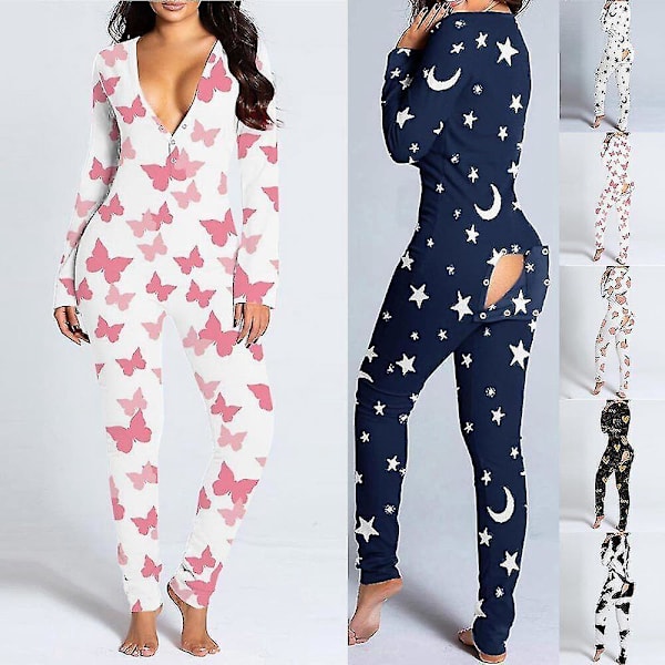Flap Open Sexet Kvinde Jumpsuit Pyjamas Nattøj L måne stjerner