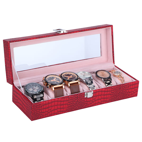 6 Slot Watch Box PU Leather Rectangular Wristwatch Display Case Storage Organizer Wine Red