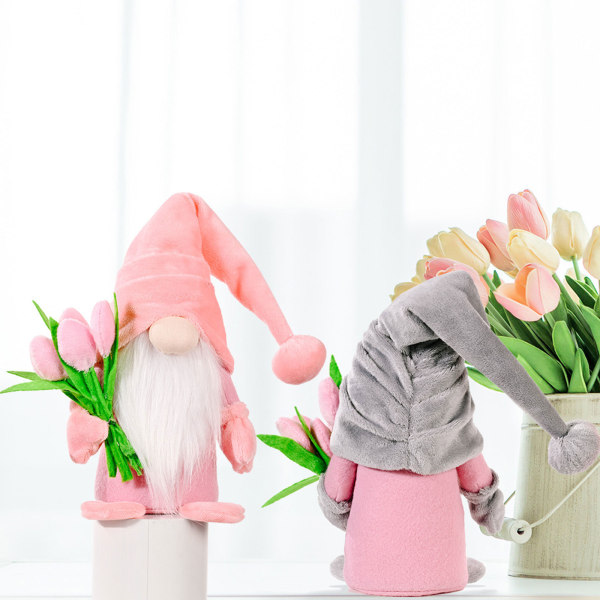 Mors Dag Gnome Ansiktsløs dukke Plysj Alv Dverg Dukke Håndverk Ornament Gave med Tulip Bukett til Mor Hjem