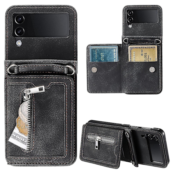 Til Samsung Galaxy Z Flip4 5g Etui Kortholder Pu Læder Støtteben Telefon Cover Med Håndrem-B6 Sort