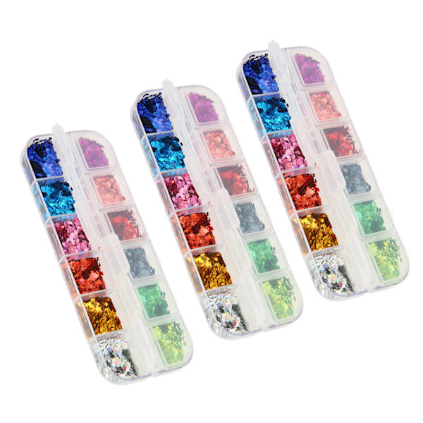 3 lådor nagelpaljetter färgglada 12 fack laser kvadrat nagelkonst glitter paljetter för nageldekorationer
