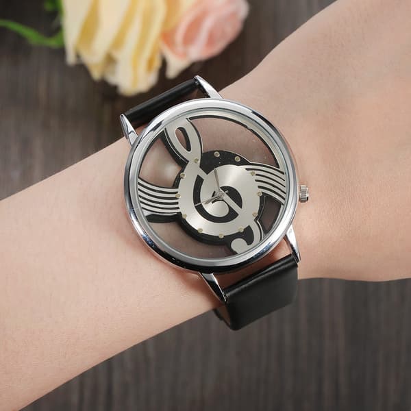 Quartz Analog Parur Runde Hul Musikalsk Note Urskive PU Rem Armbåndsur (Sort Rem)