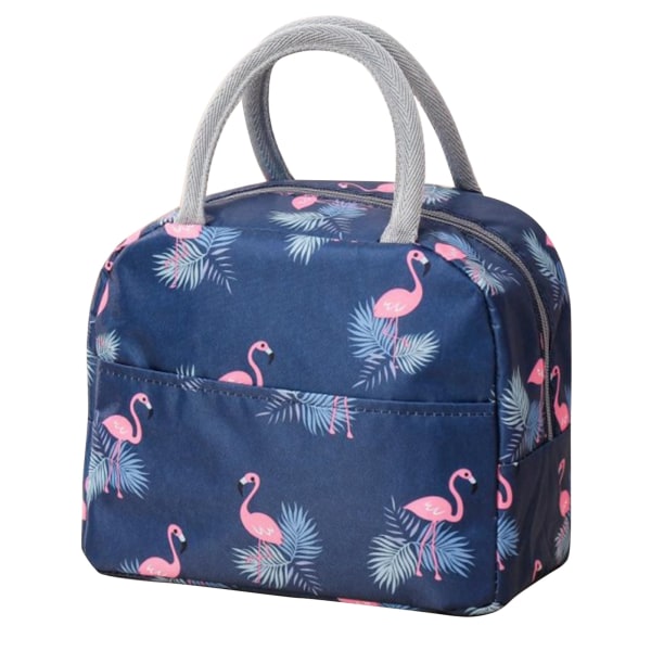 Eristetty lounaslaukku, suuri kapasiteetti, flamingo-kuvio, kannettava, paksu vetoketjullinen lounaslaukku kouluun, töihin, tummansininen flamingo