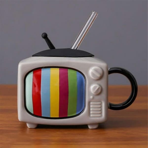 Firkantet keramisk kaffekopsæt med sugerør og retro-tv - Lysegrå