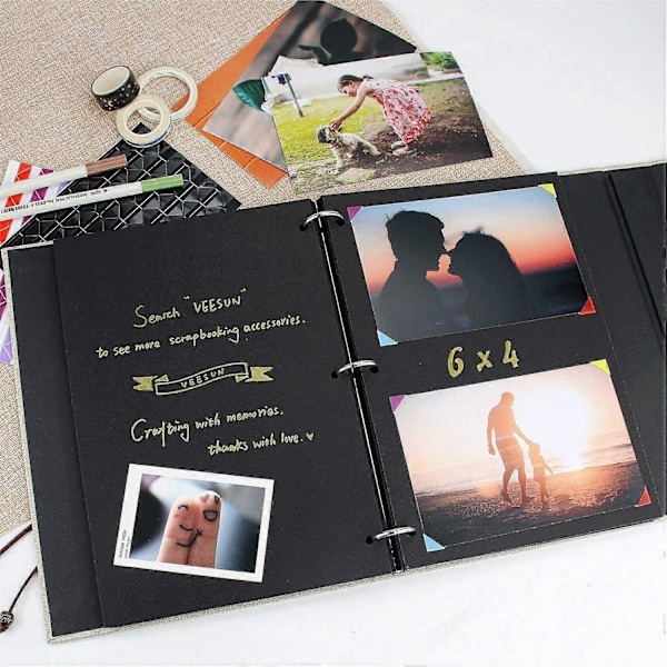 Fotoalbum til selv at designe, sorte sider, fotoalbum, scrapbog, stor til at klistre ind, linned
