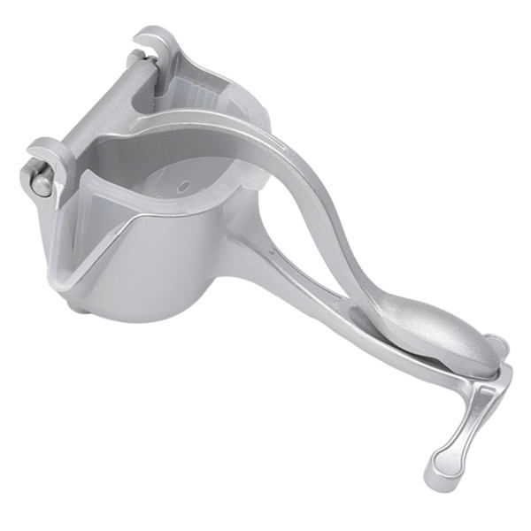 Manuell juicepress i aluminiumlegering, bärbar apelsin- och citronpress, fruktpress med 2 trattar, silver