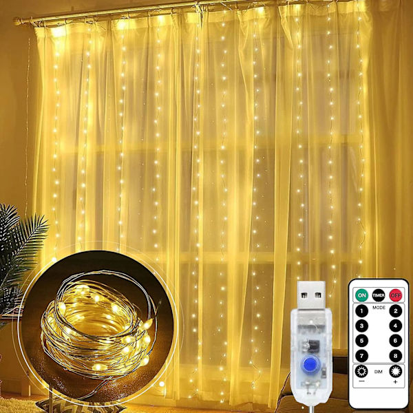 3m*3m varmvit LED-gardinljus med fjärrkontroll och timer för sovrum, USB driven, 8 ljuslägen - perfekt bröllopsinredning