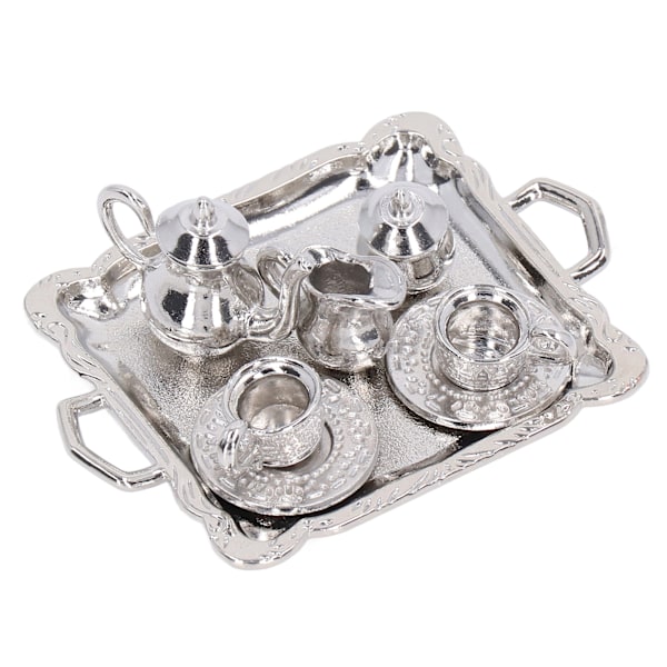 Miniatyr te-set i metall, skala 1/12, realistisk miniatyr tekopp bricka kit för dockhus