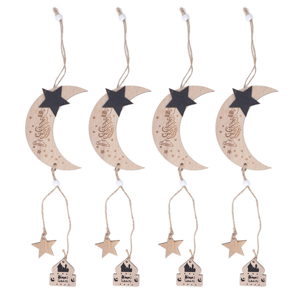 4 stk Eid måneornament i tre, holdbar månestjerne, utsøkt design, tre månestjerneanheng for hjem, fest, kontor