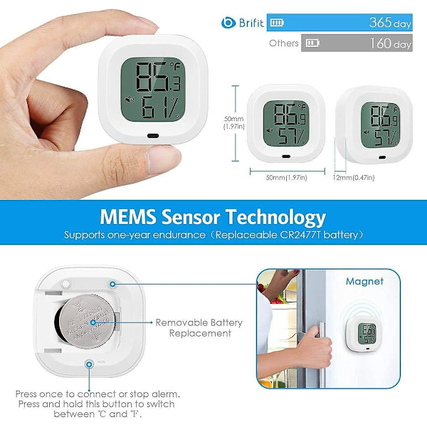 Bluetooth Hygrometer Termometer, Trådløs Sensor med Alarm Notifikationsfunktion og Dataeksport via APP til iOS Android, 【2 Styk】