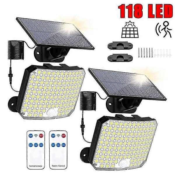 Ulkokäyttöön tarkoitettu aurinkokennovalaisin 118 LED-sensorilla, IP65 vedenpitävä, 3 tilaa, kaukosäädin puutarhaan, patiolle, autotalliin, ulkotilaan 106LED