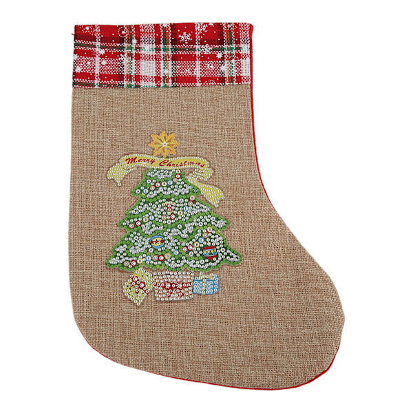 Julstrumpor i linne och flanellmaterial, ljusa färger, utsökt design, dekorationer och prydnader för högtiden