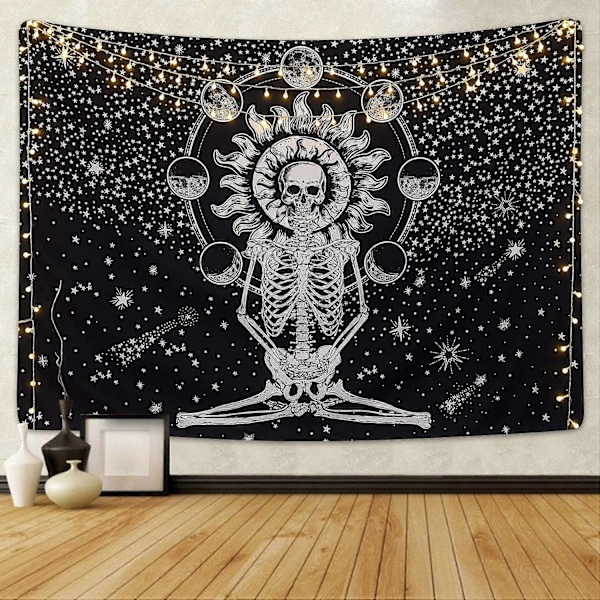 Hodeskalle Gobelin Meditasjon Skjelett Gobelin Chakra Gobelin Stjerne Gobelin Svart og Hvit