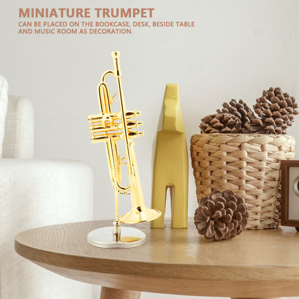 Miniatyr trumpet replika med stativ och case guldpläterade instrumentmodell musikaliska ornament